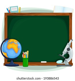 illustration of a blackboard with a microscope, the globe and other attributes school