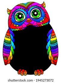 Illustration with a blackboard, school board in the form of an abstract owl with stained glass elements, the animal is isolated on a white background