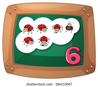 Illustration of a blackboard with six ladybugs on a white background