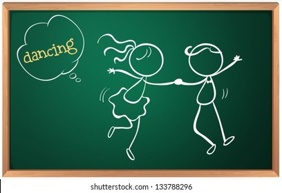 Illustration of a blackboard with a sketch of two people dancing on a white background