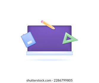 illustration of a blackboard, triangular ruler, pencil, and book. education or school. symbol or icon. 3d and realistic concept design. vector elements. white background