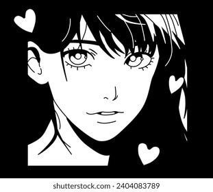 Illustration of black-haired anime girl. Vector graphic design for t-shirt, poster or cover.