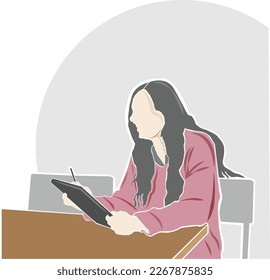 illustration of a black-haired woman sitting holding an ipad in the office