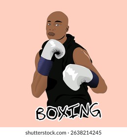 The illustration of a black-skinned boxer squatting with a gold necklace, vector cartoon
