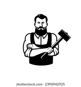 Illustration of a blacksmith with hammer. Design element for emblem, sign, badge. Vector illustration