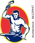 illustration of a blacksmith with hammer striking anvil viewed from front set inside oval done in retro style