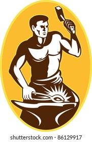 illustration of a blacksmith with hammer striking anvil viewed from front set inside oval done in retro style