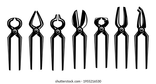 Illustration of blacksmith pliers. Design element for logo, label, sign, emblem, poster. Vector illustration