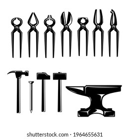 Illustration of blacksmith pliers, hammers, anvils. Design element for logo, label, sign, emblem, poster. Vector illustration