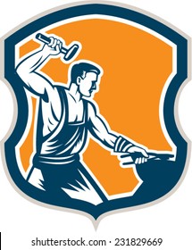 Illustration of a blacksmith striking hammering pliers with sledgehammer set inside shield crest on isolated background done in retro style.
