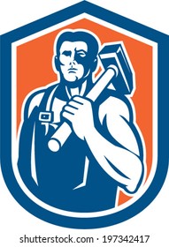 Illustration of a blacksmith worker carrying sledgehammer on shoulder set inside a crest shield done in retro style.