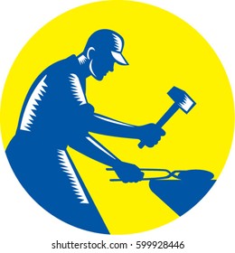Illustration of a blacksmith worker forging iron viewed from the side set inside circle on isolated background done in retro woodcut style. 