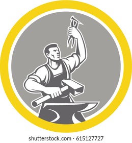 Illustration of a blacksmith worker holding pliers and anvil looking up viewed from front set inside circle on isolated background. 
