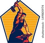 Illustration of a blacksmith worker with sledgehammer striking at anvil done in retro style.