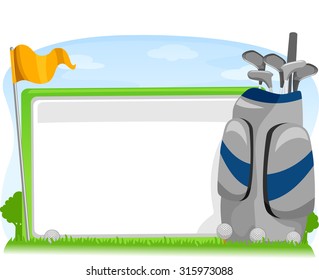Ilustração de um tabuleiro em branco sentado ao lado de uma bandeira de golfe e saco de Caddy