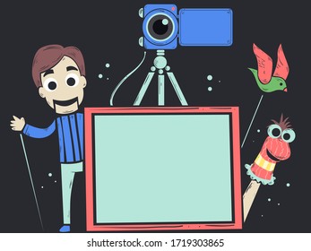 Ilustración de una placa en blanco, cámara de vídeo y títeres