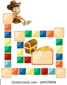 Illustration of a blank boardgame with a boy and treasure