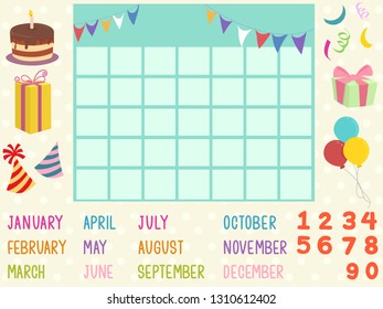 Illustration of a Blank Calendar Template with Birthday Elements, Months and Numbers