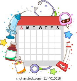 Illustration of a Blank Calendar with Toddler Objects from Syringe to Stethoscope for Medical Check Up