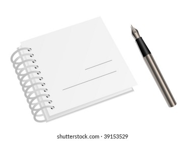 Illustration of a blank coil notebook and a pen