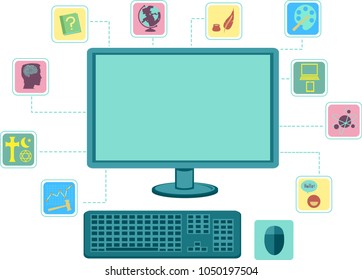 Illustration Of A Blank Computer Showing Ten Dewey Decimal Class Icons From Computer Science To History