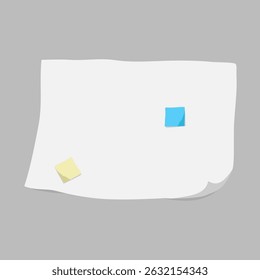 Illustration of a blank paper with two sticky notes, one blue and one yellow, on a gray background. Minimalist design with sticky notes and paper theme. Graphic element vector.