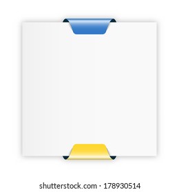 the illustration of blank piece of paper with two color tags / the sheet of paper with color clips / the blank square template