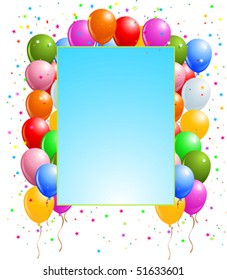 Illustration of blank place card with balloons  and confetti.