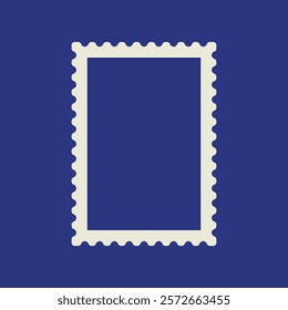 Illustration of a blank postage stamp with a wavy border on a blue background. Stamp design, stamp border, and blank stamp concept.