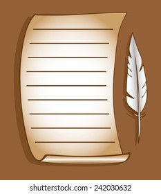 Illustration of a blank sheet with lines and pen on a brown background