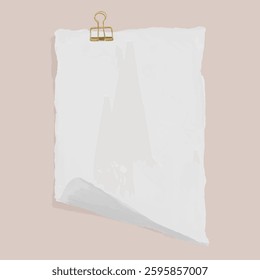 Illustration of a blank sheet of paper with a gold binder clip. The paper is slightly curled at the corner, set against a beige background. Minimalist design. Minimal illustration vector.