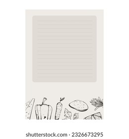 Illustration of a blank sheet of recipe paper as recipe sheet with a carrot and potato.