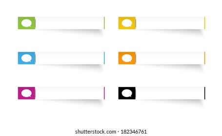 the illustration of blank stripes with speech bubble pictogram / The rectangle labels with speech bubble icon / the buttons with icon