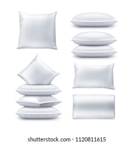 Illustration of blank white square and rectangular pillows. Vector realistic set of cushions top and front view isolated on white background