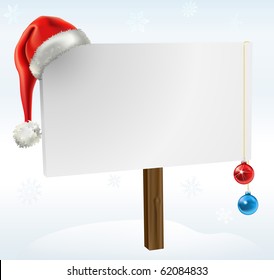 an illustration of a blank winter sign, with copy space for you to place your text on. Featuring a santas hat, snow flakes and christmas baubles.