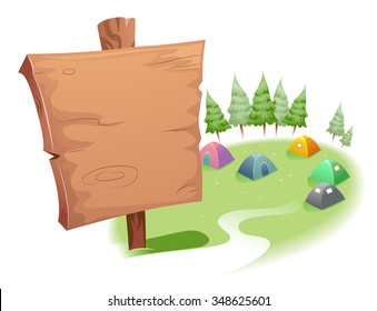 Illustration Of A Blank Wooden Sign On Top Of A Camp Site