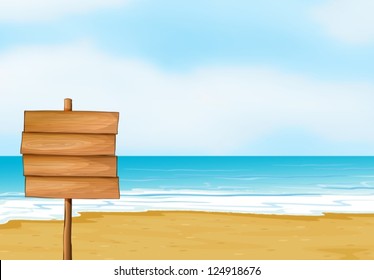 Illustration of a blank wooden signboard in the seashore
