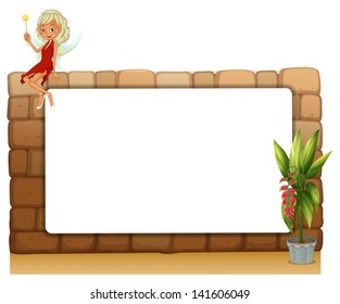 Illustration of a blankboard on a wall with a fairy and a pot of plants on a white background