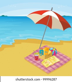 Illustration of a blanket of items at the beach