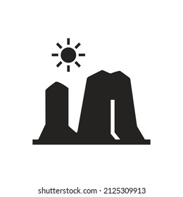 Illustration of blazing sun in the valley and rock hills. Solid icons, glyphs, silhouettes.