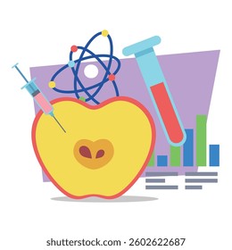 Illustration of blend of science and healthy eating. Apple with syringe, test tubes, and graph. Research in nutrition and health concept
