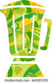 Illustration of a Blender in Green and Yellow Fruit and Vegetable Pattern