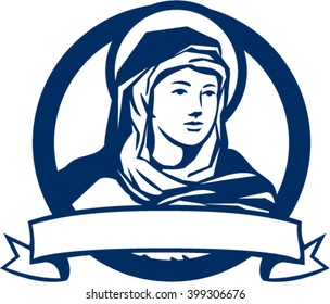 Illustration of the Blessed Virgin Mary looking to the side with scroll set inside circle done in retro style. 