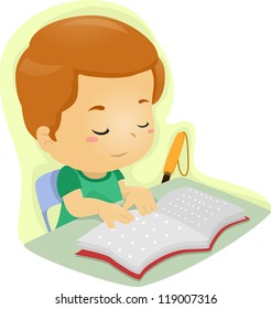 Illustration of a Blind Boy Reading a Book Written in Braille