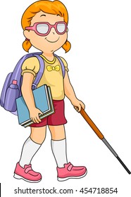 Illustration of a Blind Girl Using a Cane to Find Her Way