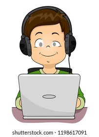 Illustration Of A Blind Kid Boy Wearing Headphones And Using A Laptop