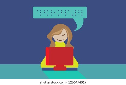 Illustration Of Blind Person Use Braille Computer.