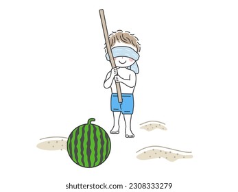 An illustration of a blindfolded boy splitting watermelon.