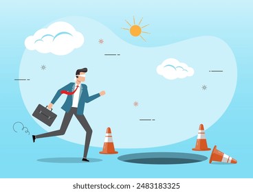 An illustration of a blindfolded businessman running to find money with pit hole. Man runs to business trap. Blind investment concept.