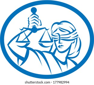 Illustration of blindfolded lady facing front holding and raising up weighing scales of justice set inside oval on isolated white background.